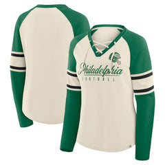 Philadelphia Eagles Women's Hometown Gridiron Hero Raglan Lace-Up V-Neck Long Sleeve T-Shirt Cream/Kelly Green