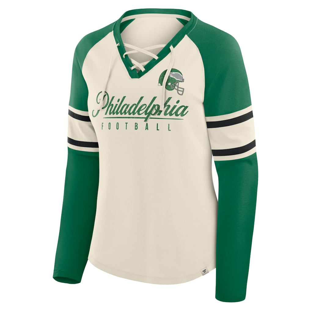 Philadelphia Eagles Women's Hometown Gridiron Hero Raglan Lace-Up V-Neck Long Sleeve T-Shirt Cream/Kelly Green