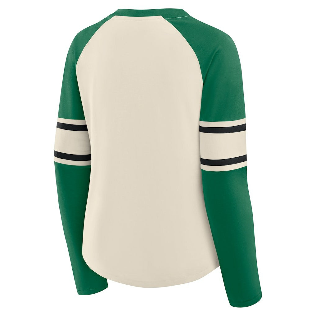 Philadelphia Eagles Women's Hometown Gridiron Hero Raglan Lace-Up V-Neck Long Sleeve T-Shirt Cream/Kelly Green