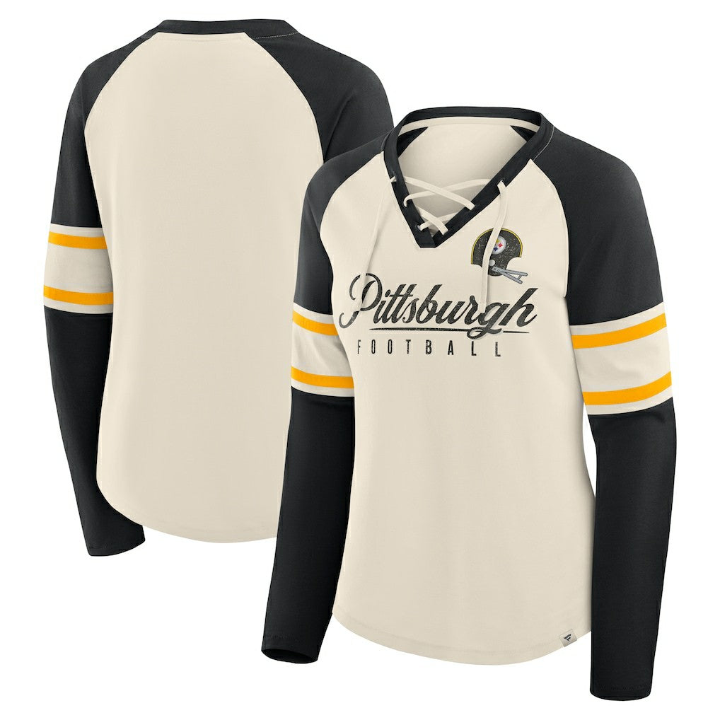 Pittsburgh Steelers Women's Hometown Gridiron Hero Raglan Lace-Up V-Neck Long Sleeve T-Shirt Cream/Black