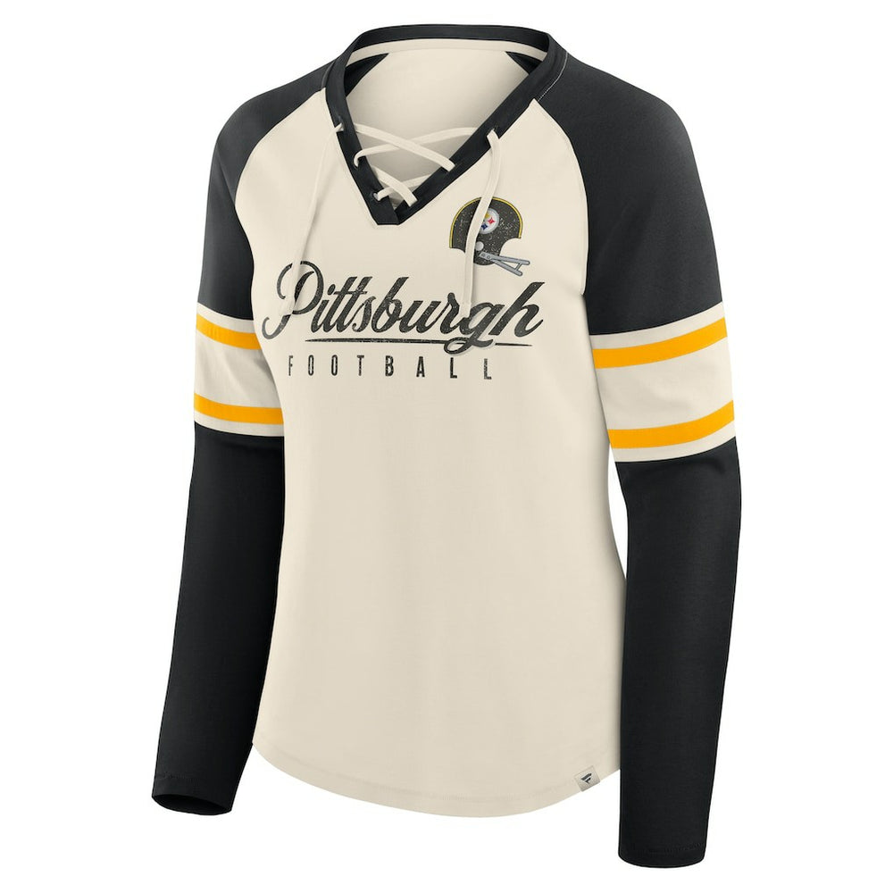 Pittsburgh Steelers Women's Hometown Gridiron Hero Raglan Lace-Up V-Neck Long Sleeve T-Shirt Cream/Black