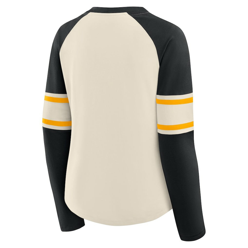Pittsburgh Steelers Women's Hometown Gridiron Hero Raglan Lace-Up V-Neck Long Sleeve T-Shirt Cream/Black