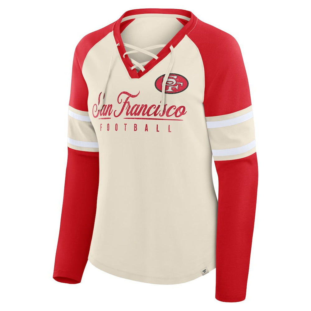 San Francisco 49ers Women's Hometown Gridiron Hero Raglan Lace-Up V-Neck Long Sleeve T-Shirt Cream/Scarlet