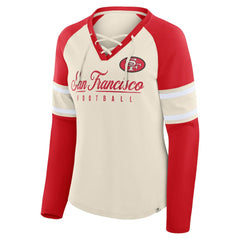 San Francisco 49ers Women's Hometown Gridiron Hero Raglan Lace-Up V-Neck Long Sleeve T-Shirt Cream/Scarlet