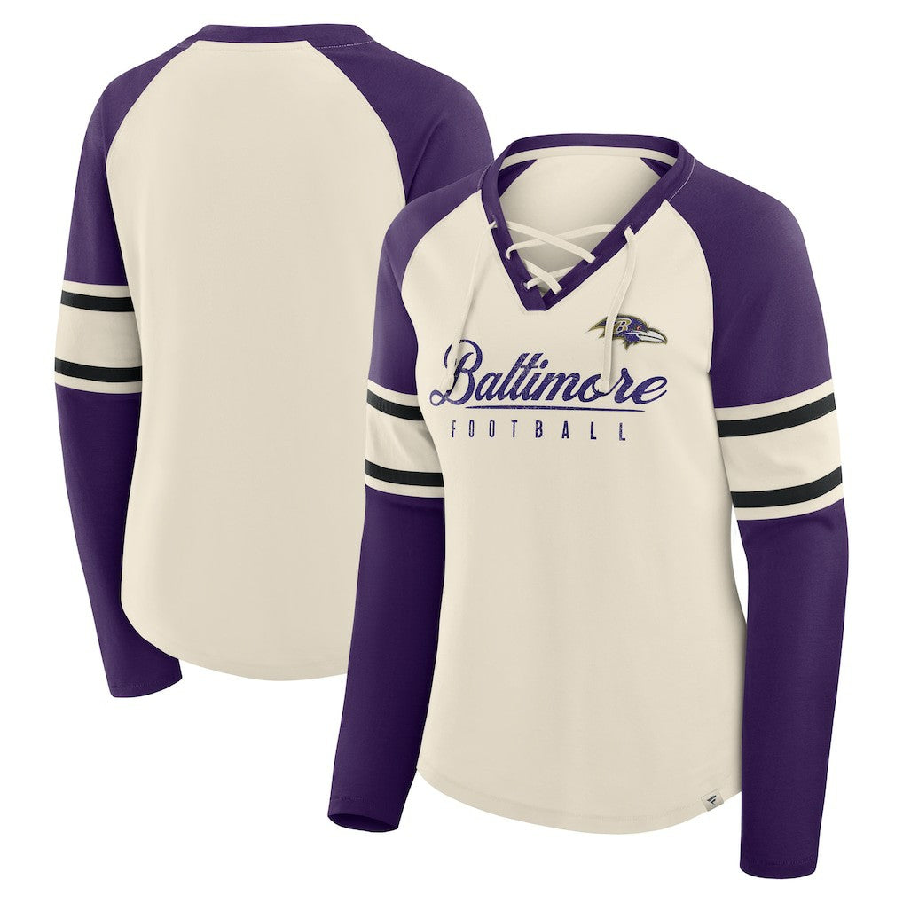 Baltimore Ravens Women's Hometown Gridiron Hero Raglan Lace-Up V-Neck Long Sleeve T-Shirt Cream/Purple