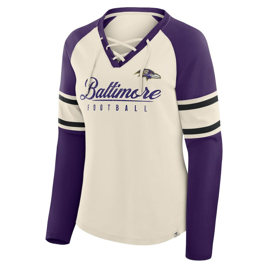 Baltimore Ravens Women's Hometown Gridiron Hero Raglan Lace-Up V-Neck Long Sleeve T-Shirt Cream/Purple