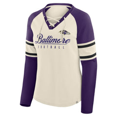 Baltimore Ravens Women's Hometown Gridiron Hero Raglan Lace-Up V-Neck Long Sleeve T-Shirt Cream/Purple