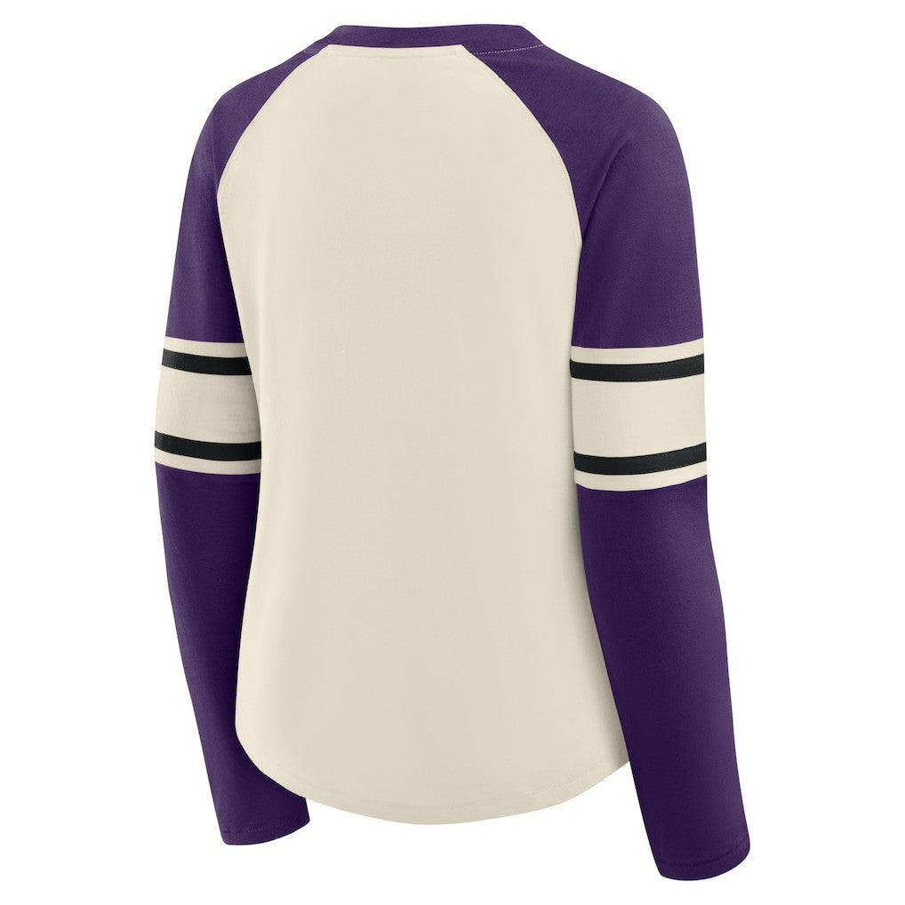 Baltimore Ravens Women's Hometown Gridiron Hero Raglan Lace-Up V-Neck Long Sleeve T-Shirt Cream/Purple