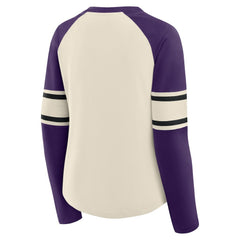 Baltimore Ravens Women's Hometown Gridiron Hero Raglan Lace-Up V-Neck Long Sleeve T-Shirt Cream/Purple