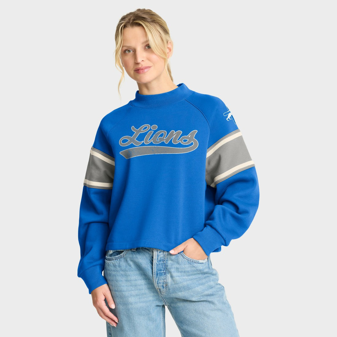 Detroit Lions Oversized Hometown Toss Sweep Mock Neck Pullover Blue