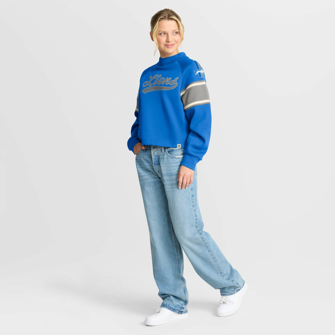 Detroit Lions Oversized Hometown Toss Sweep Mock Neck Pullover Blue