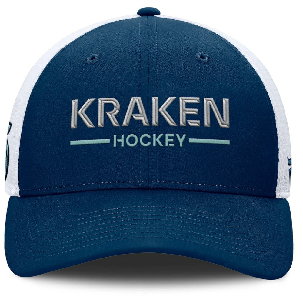 NHL Seattle Kraken Fanatics Authentic Pro Rink Lockup Adjustable Trucker Hat - Deep Sea Blue/White