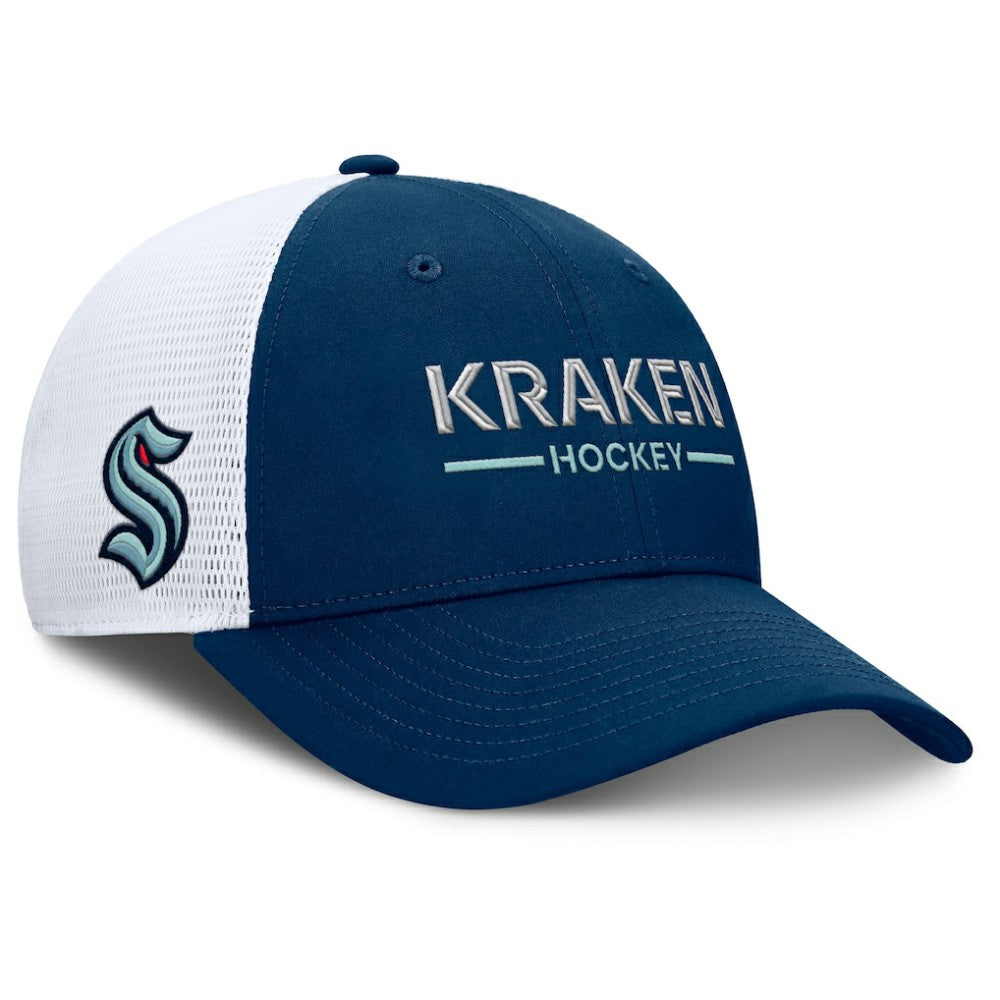 NHL Seattle Kraken Fanatics Authentic Pro Rink Lockup Adjustable Trucker Hat - Deep Sea Blue/White