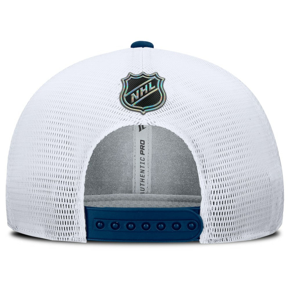 NHL Seattle Kraken Fanatics Authentic Pro Rink Lockup Adjustable Trucker Hat - Deep Sea Blue/White