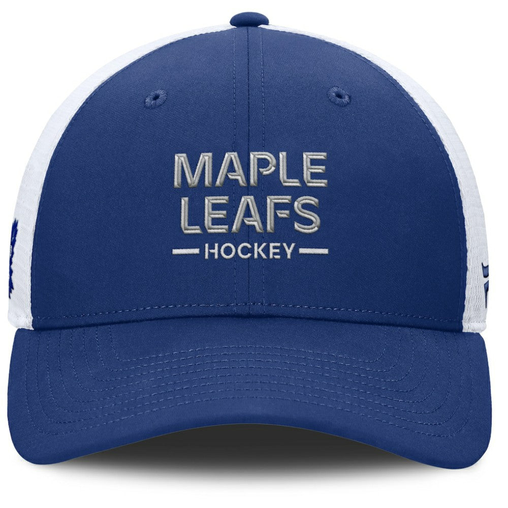 NHL Toronto Maple Leafs Fanatics Authentic Pro Rink Lockup Adjustable Trucker Hat - Blue/White