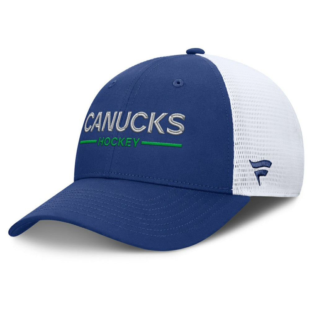 NHL Vancouver Canucks Fanatics Authentic Pro Rink Lockup Adjustable Trucker Hat - Blue/White
