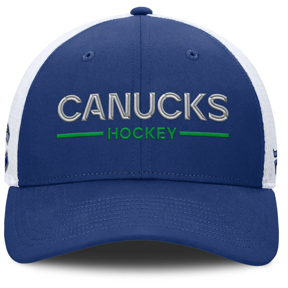 NHL Vancouver Canucks Fanatics Authentic Pro Rink Lockup Adjustable Trucker Hat - Blue/White