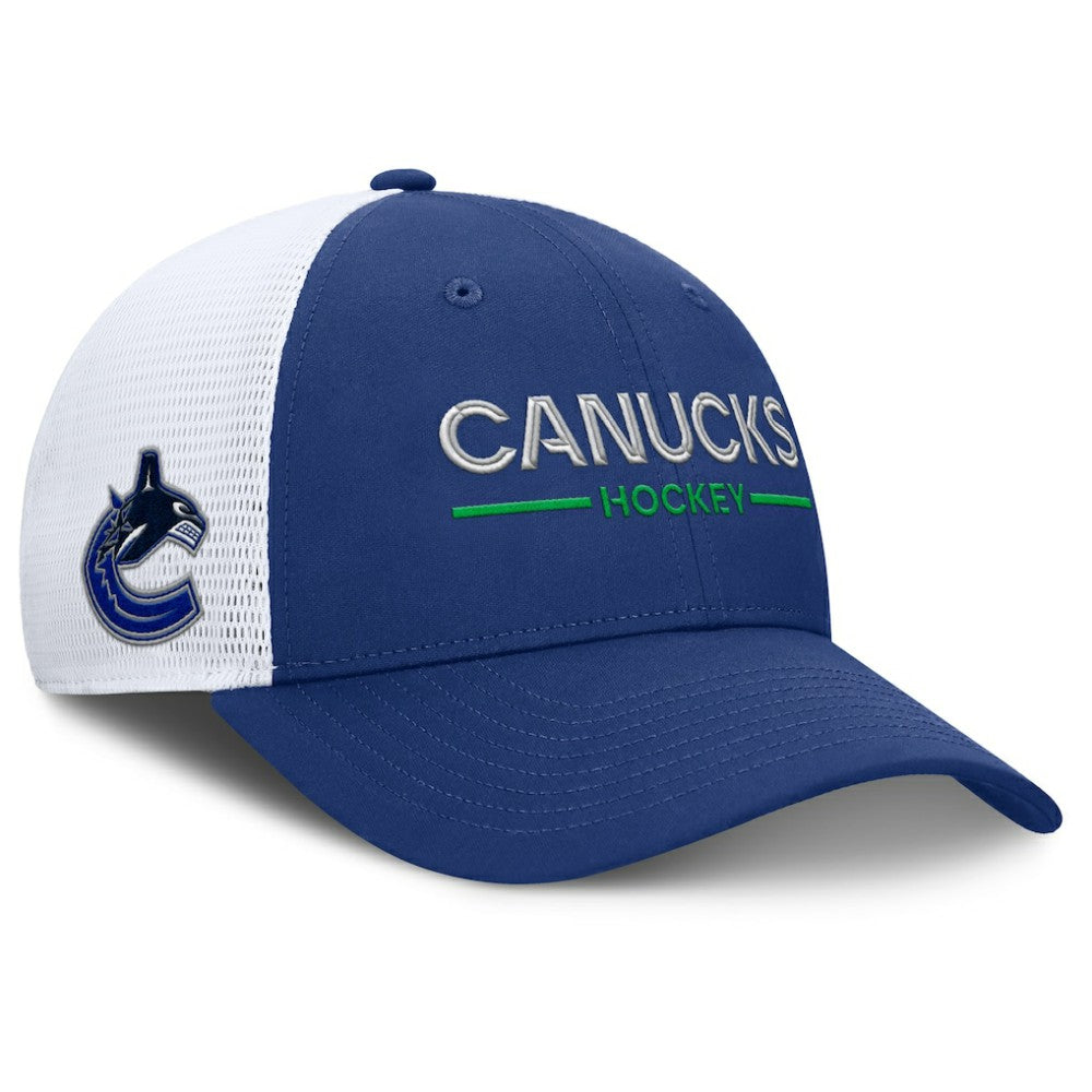 NHL Vancouver Canucks Fanatics Authentic Pro Rink Lockup Adjustable Trucker Hat - Blue/White