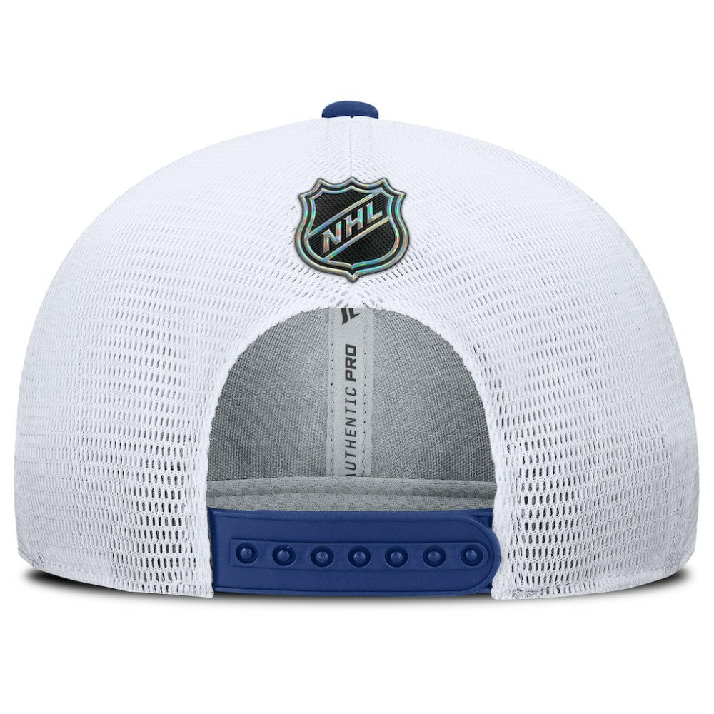 NHL Vancouver Canucks Fanatics Authentic Pro Rink Lockup Adjustable Trucker Hat - Blue/White