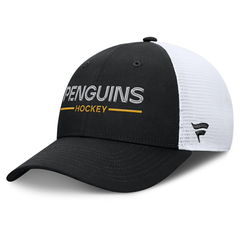 NHL Pittsburgh Penguins Fanatics Authentic Pro Rink Lockup Adjustable Trucker Hat - Black/White