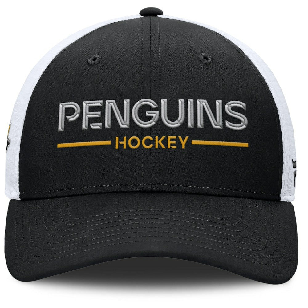 NHL Pittsburgh Penguins Fanatics Authentic Pro Rink Lockup Adjustable Trucker Hat - Black/White