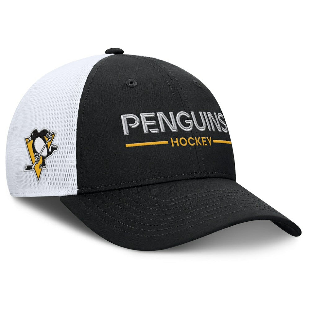 NHL Pittsburgh Penguins Fanatics Authentic Pro Rink Lockup Adjustable Trucker Hat - Black/White