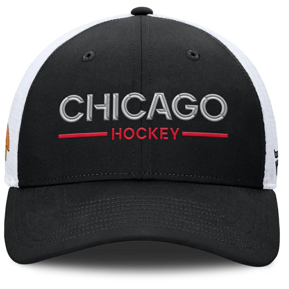 NHL Chicago Blackhawks Fanatics Authentic Pro Rink Lockup Adjustable Trucker Hat - Black/White