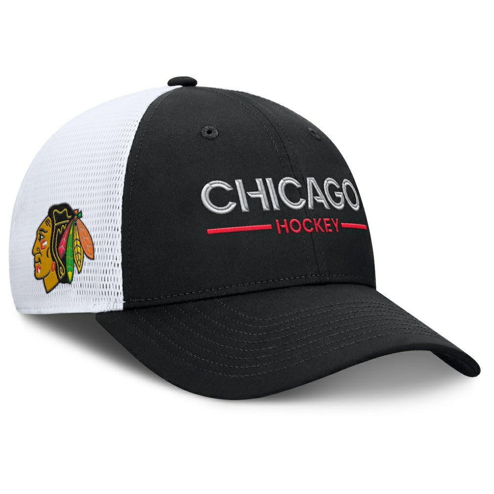 NHL Chicago Blackhawks Fanatics Authentic Pro Rink Lockup Adjustable Trucker Hat - Black/White