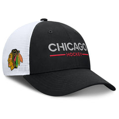 NHL Chicago Blackhawks Fanatics Authentic Pro Rink Lockup Adjustable Trucker Hat - Black/White