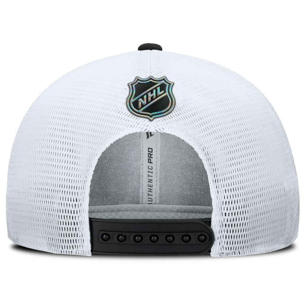 NHL Chicago Blackhawks Fanatics Authentic Pro Rink Lockup Adjustable Trucker Hat - Black/White