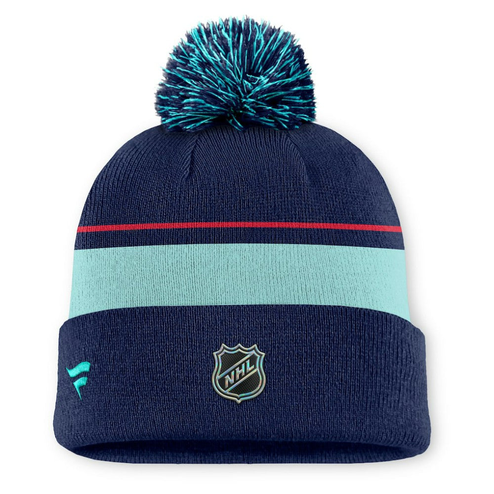 NHL Seattle Kraken Fanatics Authentic Pro Rink Cuffed Knit Hat with Pom - Deep Sea Blue