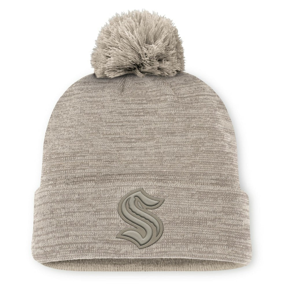 NHL Seattle Kraken Fanatics Authentic Pro Road Cuffed Knit Hat with Pom - Tan