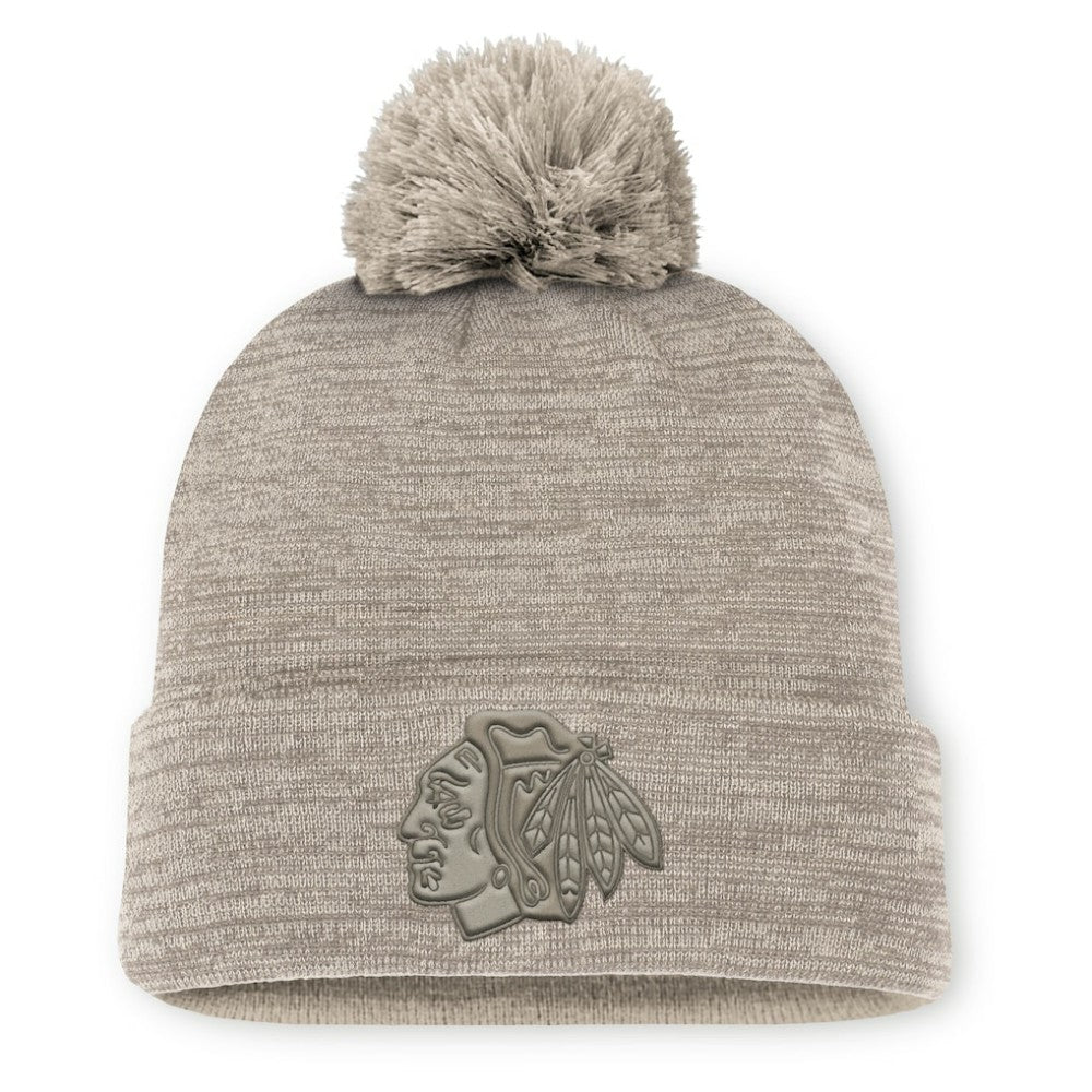 NHL Chicago Blackhawks Fanatics Authentic Pro Road Cuffed Knit Hat with Pom - Tan
