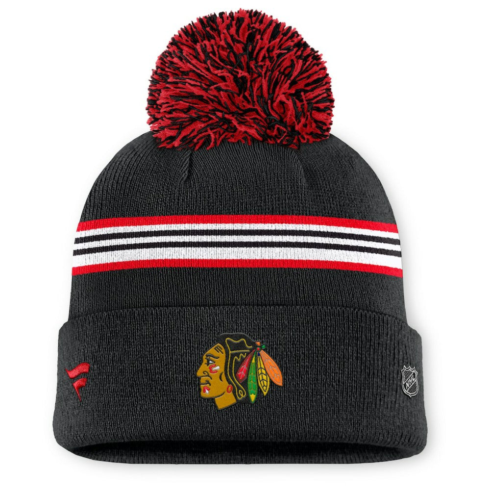 NHL Chicago Blackhawks Fanatics Women's Authentic Pro Rink Cuffed Knit Hat with Pom - Black