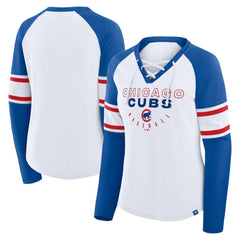 Chicago Cubs Fanatics Women's Blitz Package Raglan Lace-Up V-Neck Long Sleeve T-Shirt - White/Royal T-shirts