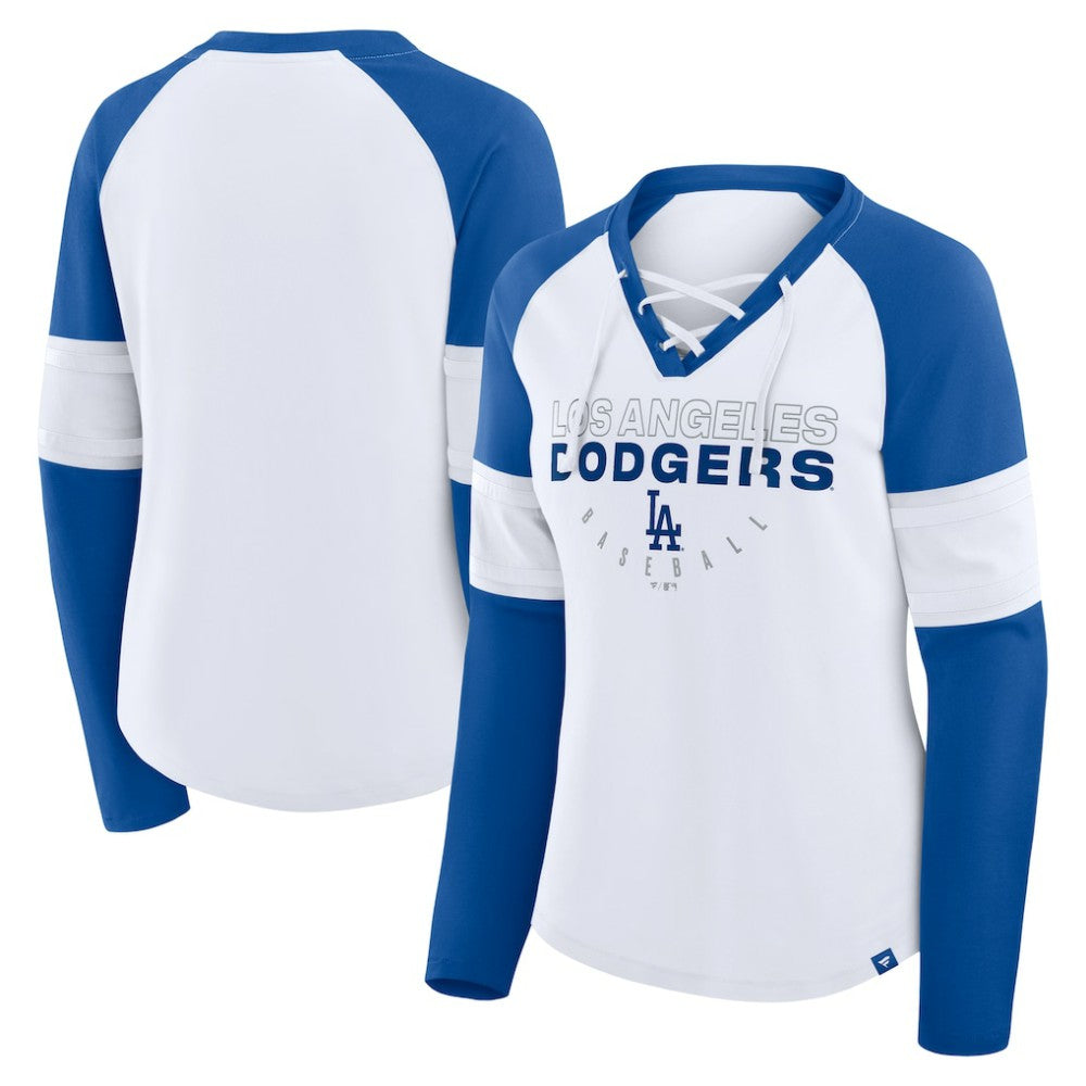 Los Angeles Dodgers Fanatics Women's Blitz Package Raglan Lace-Up V-Neck Long Sleeve T-Shirt - White/Royal T-shirts