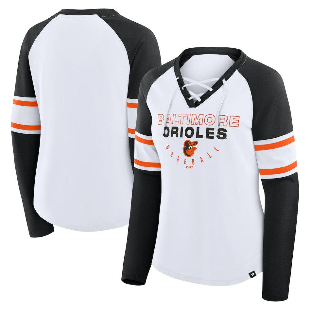 Baltimore Orioles Fanatics Women's Blitz Package Raglan Lace-Up V-Neck Long Sleeve T-Shirt - White/Black T-shirts