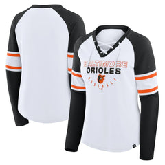 Baltimore Orioles Fanatics Women's Blitz Package Raglan Lace-Up V-Neck Long Sleeve T-Shirt - White/Black T-shirts
