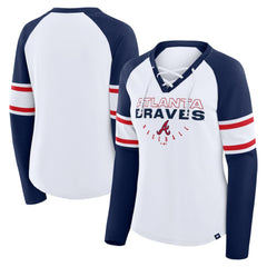 Atlanta Braves Fanatics Women's Blitz Package Raglan Lace-Up V-Neck Long Sleeve T-Shirt - White/Navy T-shirts