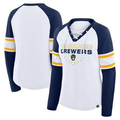 Milwaukee Brewers Fanatics Women's Blitz Package Raglan Lace-Up V-Neck Long Sleeve T-Shirt - White/Navy T-shirts