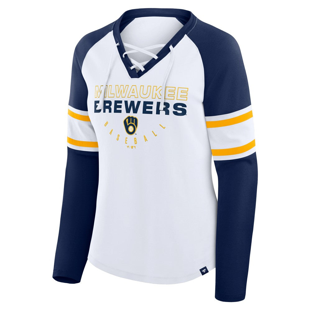 Milwaukee Brewers Fanatics Women's Blitz Package Raglan Lace-Up V-Neck Long Sleeve T-Shirt - White/Navy T-shirts