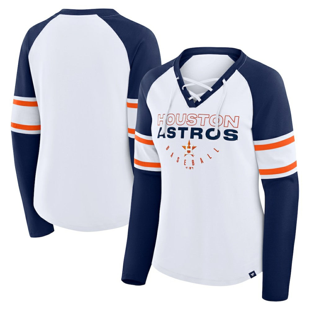 Houston Astros Fanatics Women's Blitz Package Raglan Lace-Up V-Neck Long Sleeve T-Shirt - White/Navy T-shirts