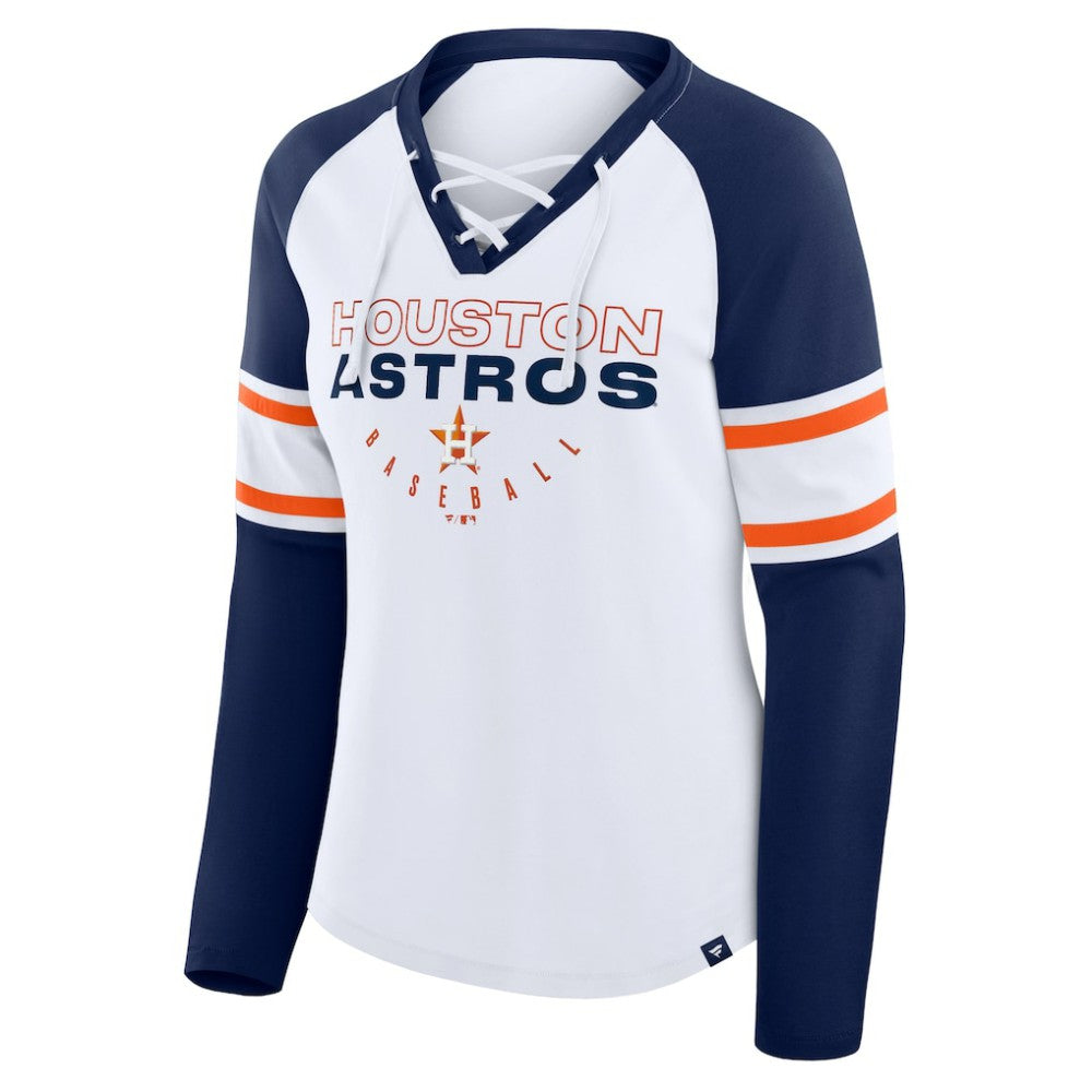 Houston Astros Fanatics Women's Blitz Package Raglan Lace-Up V-Neck Long Sleeve T-Shirt - White/Navy T-shirts