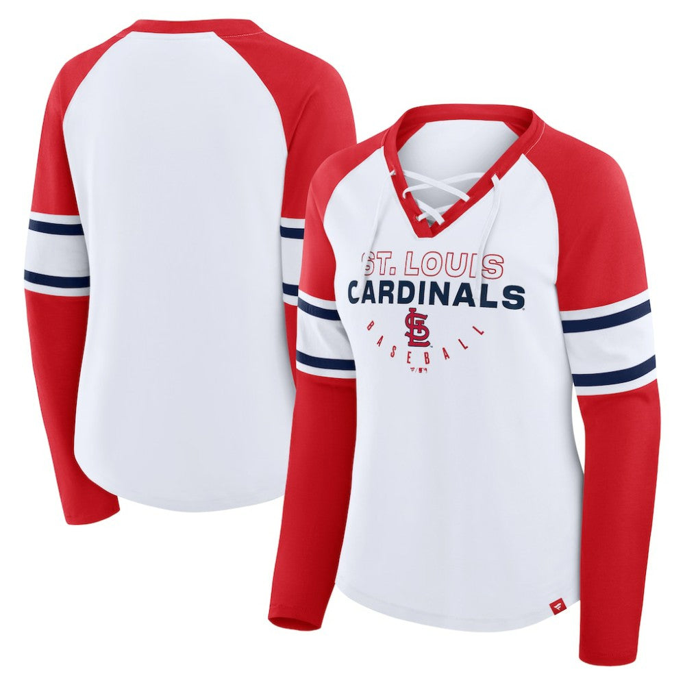 St. Louis Cardinals Fanatics Women's Blitz Package Raglan Lace-Up V-Neck Long Sleeve T-Shirt - White/Red T-shirts