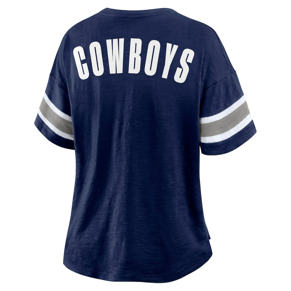 Dallas Cowboys Women's Redzone Bling Stripe Sleeve Notch Neck T-Shirt Navy