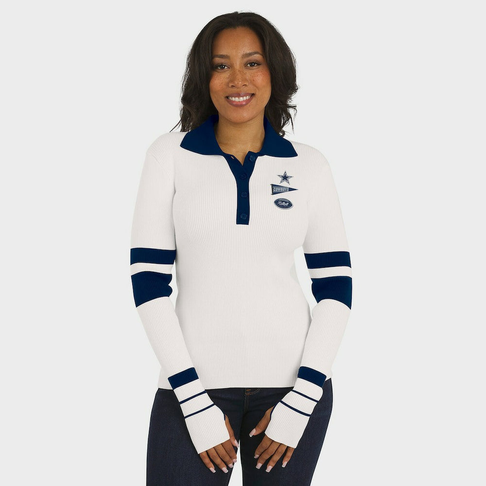 Dallas Cowboys WEAR by Erin Andrews Women's Ribbed Henley Polo Sweater White