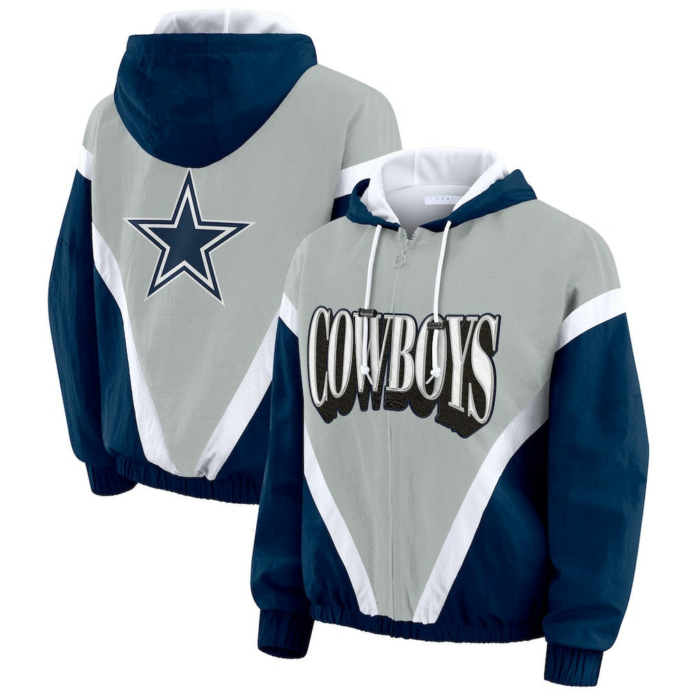 Dallas Cowboys WEAR by Erin Andrews Women's Plus Size Retro Crinkle Full-Zip Hoodie Windbreaker Jacket Navy/Gray