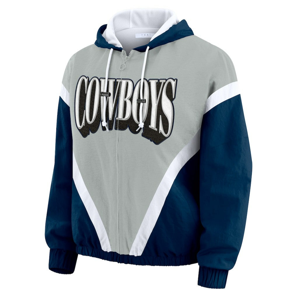 Dallas Cowboys WEAR by Erin Andrews Women's Plus Size Retro Crinkle Full-Zip Hoodie Windbreaker Jacket Navy/Gray