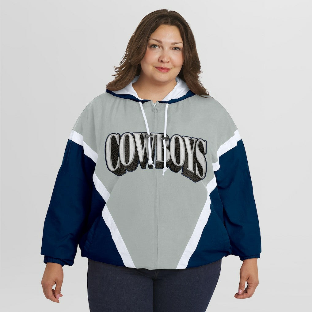 Dallas Cowboys WEAR by Erin Andrews Women's Plus Size Retro Crinkle Full-Zip Hoodie Windbreaker Jacket Navy/Gray