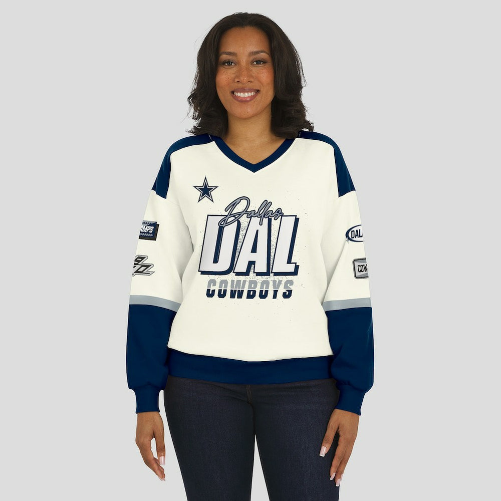 Dallas Cowboys WEAR by Erin Andrews Women's Racing Crew V-Neck Sweatshirt Cream